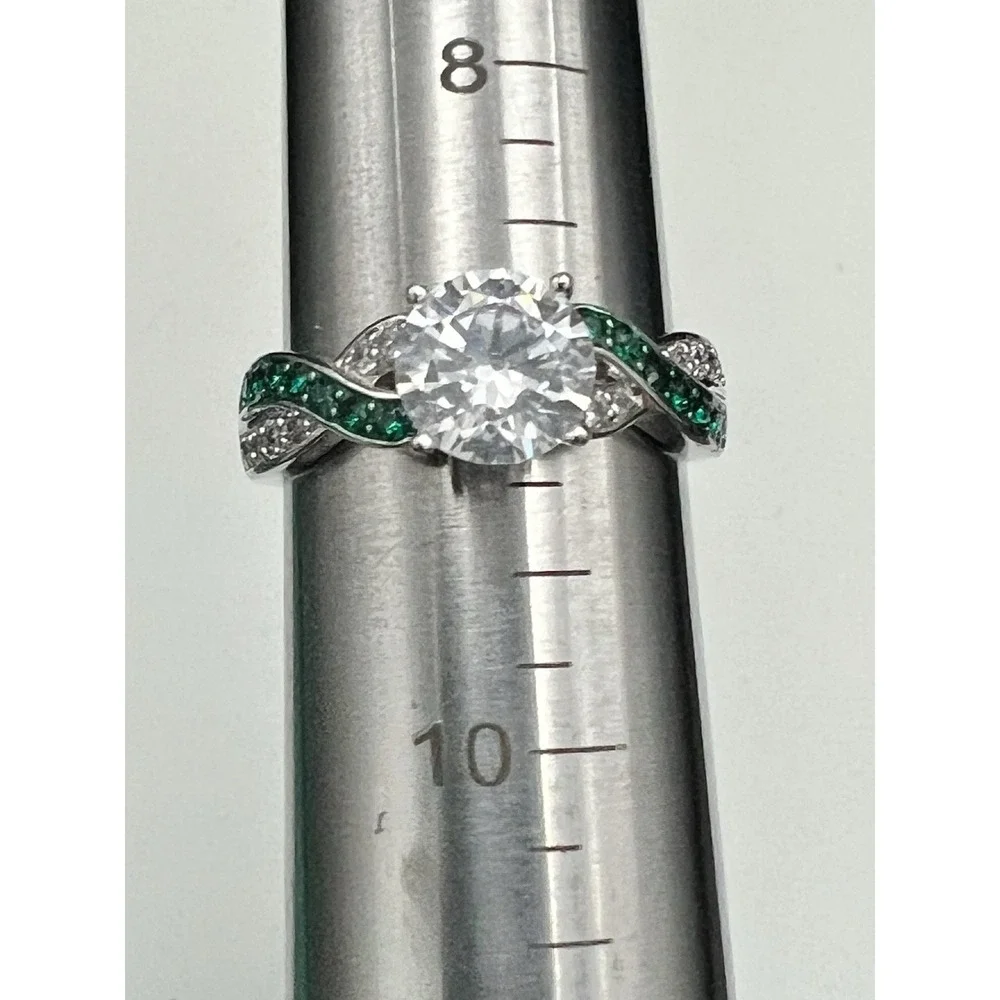 Vintage Silver Tone Bypass Ring Green & Clear Stone Round Brilliant Size 9